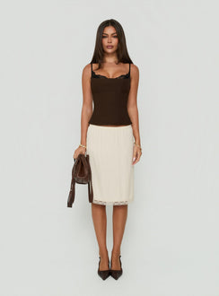 Shop the Bella Lace Trim Midi Skirt Butter in womens-skirts with midi length front view of model wearing