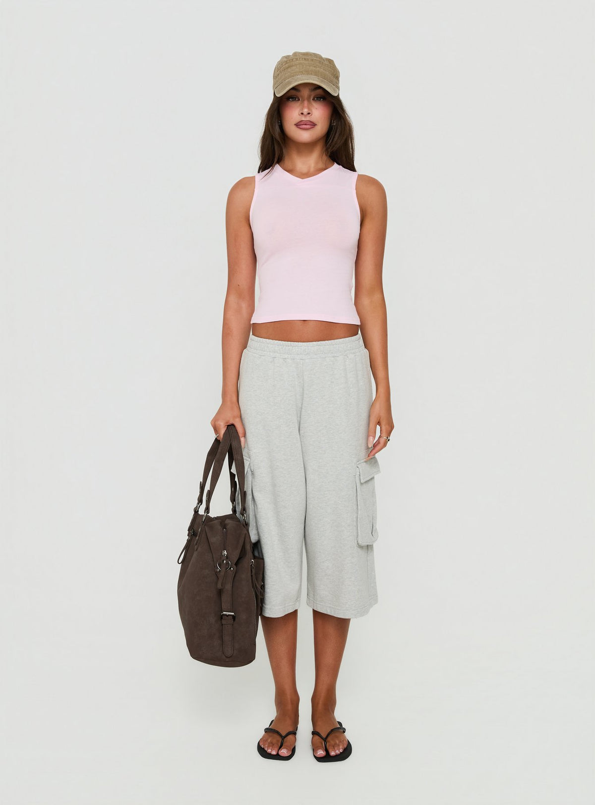 Harleah Wide Cargo Fleece Shorts Grey Marle