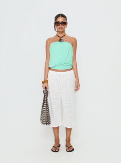 Introducing the Kiss Me Quick 3/4 Lace Drawstring Pants in White with mid-rise womens-regular-pants front view of model wearing Princess Polly