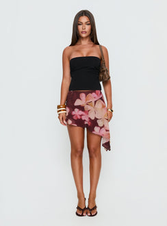   front view of model wearing Princess Polly Allissa Chiffon Asymmetrical Mini Skirt Burgundy Floral 