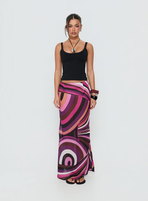 Discover the Lucidia Maxi Skirt Pink Retro in womens-skirts with maxi length front view of model wearing Princess Polly