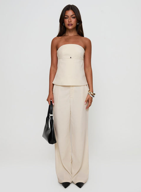 front view of model wearing Princess Polly Irresistible Wide Leg Pant Cream Petite High Waisted Pants 