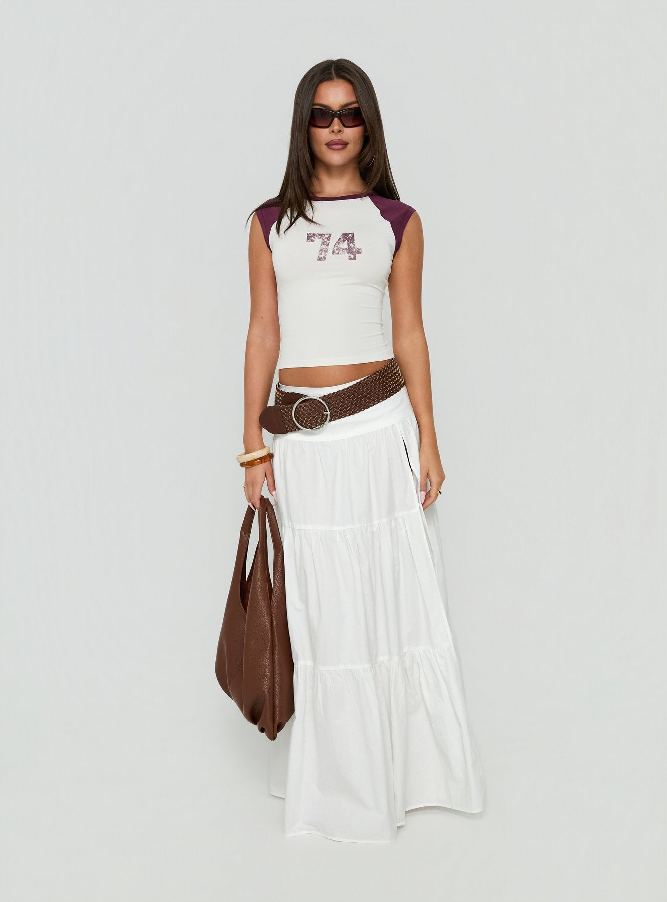 Discover the Silver Soul Maxi Skirt White womens-skirts featuring maxi length front view of model wearing Princess Polly