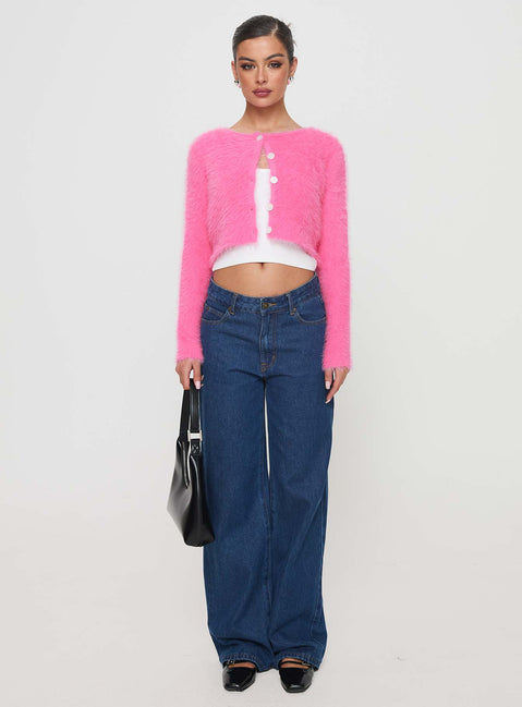 front view of model wearing Princess Polly Just A Girl Cardigan Pink cropped Jumpers 
