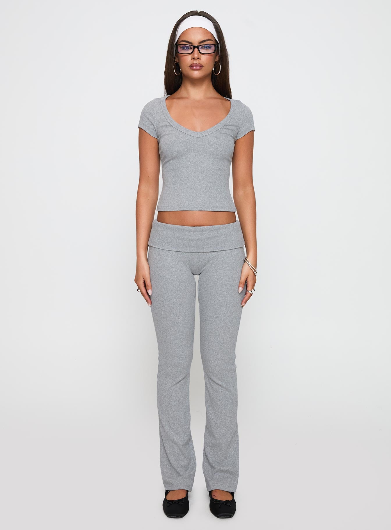 side view of model wearing Princess Polly Truth Be Told Straight Leg Pant Grey Marle Low Rise Pants 