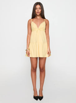 back view of model wearing Princess Polly Nicoletta Mini Dress Lemon Plunger 