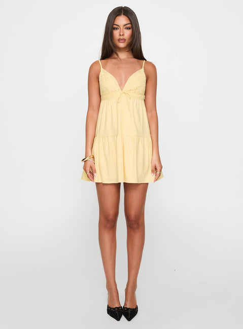 back view of model wearing Princess Polly Nicoletta Mini Dress Lemon Plunger 