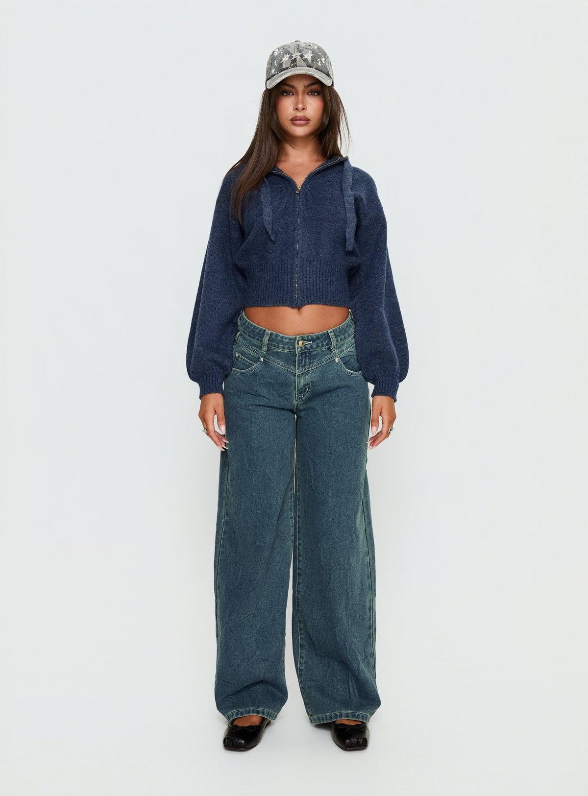 front view of model wearing Princess Polly Shanna Relaxed Low Rise Jeans Acid Raw Wash Mid Rise Jeans 