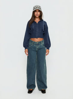 front view of model wearing Princess Polly Shanna Relaxed Low Rise Jeans Acid Raw Wash Mid Rise Jeans 