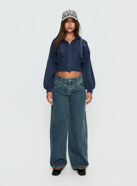 front view of model wearing Princess Polly Shanna Relaxed Low Rise Jeans Acid Raw Wash Mid Rise Jeans 