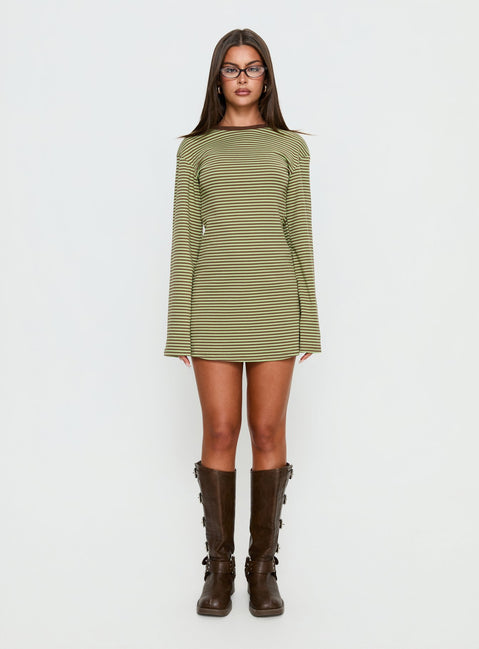 Lulolah Long Sleeve Mini Dress Green / Chocolate Stripe
