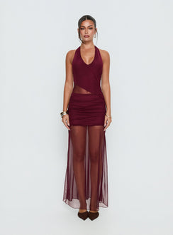Desta Halter Sheer Maxi Dress Burgundy
