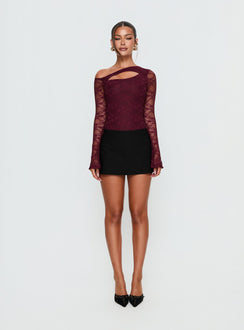 side view of model wearing Princess Polly Macaria Long Sleeve Lace Bodysuit Red Long Sleeve Tops 