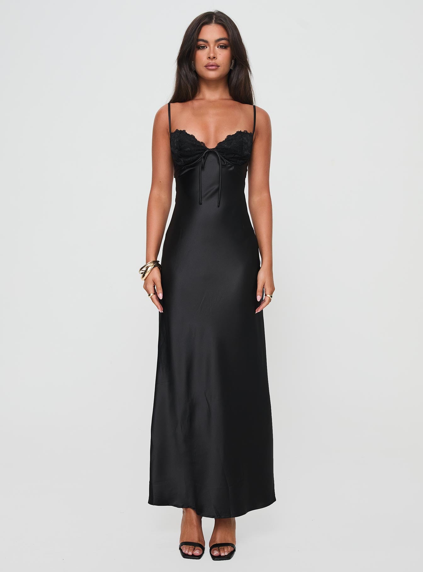 back view of model wearing Princess Polly Fadyen Bias Cut Maxi Dress Black Tall Sweetheart Neckline 