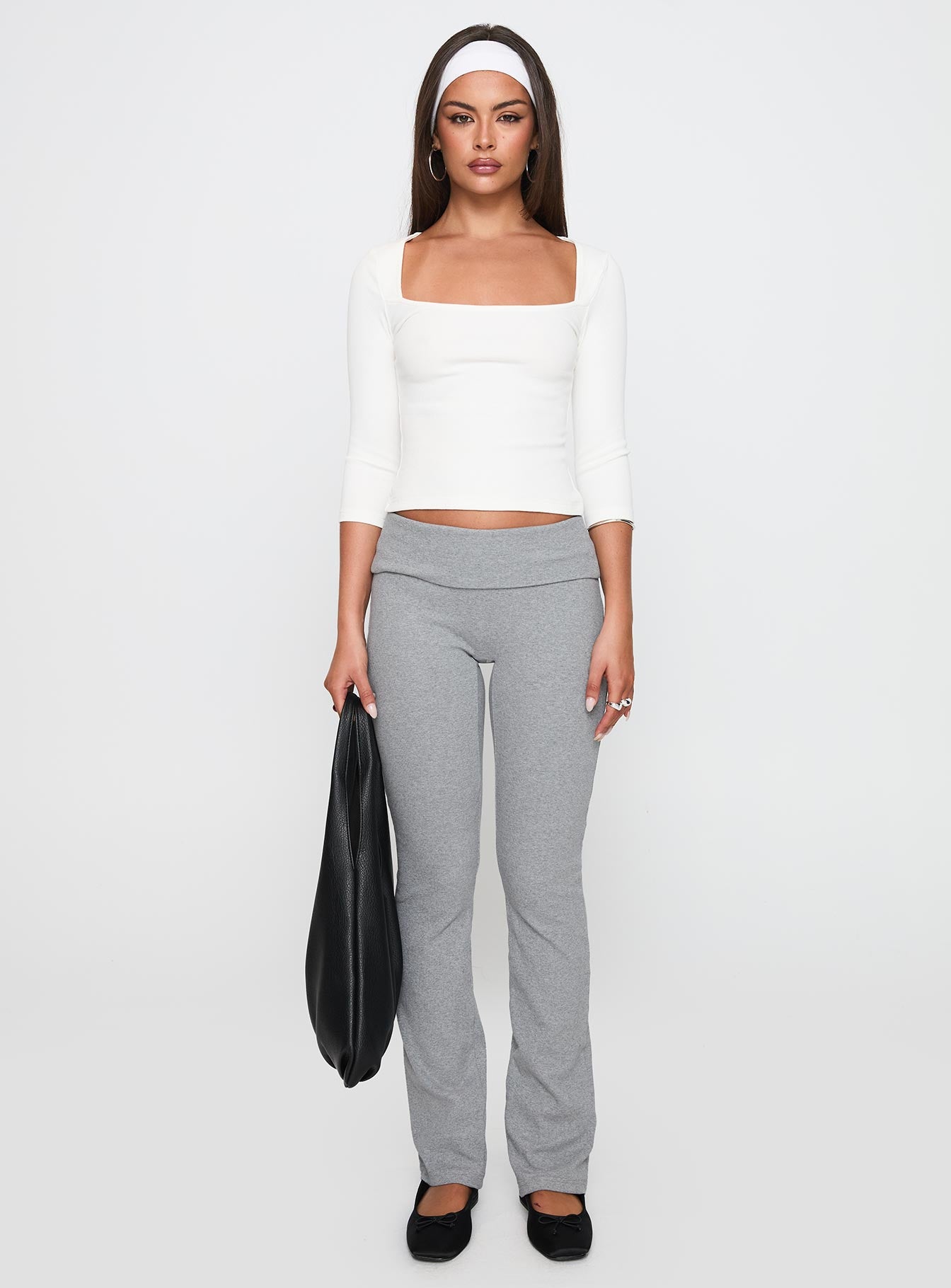 side view of model wearing Princess Polly So American Rib 3/4 Sleeve Top White Three Fourth Sleeves Square Neck 