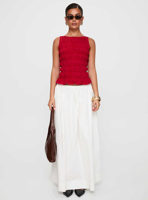 side view of model wearing Princess Polly Marleene Shirred Top Red Sleeveless Crew Neck 