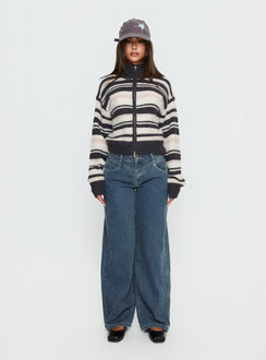 front view of model wearing Princess Polly Tetra Zip Through Knit Sweater Pink Stripe 