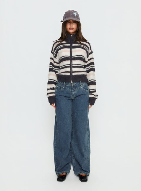 front view of model wearing Princess Polly Tetra Zip Through Knit Sweater Pink Stripe 