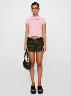 side view of model wearing Princess Polly Dodger Micro Skort Camouflage Low Rise Shorts 