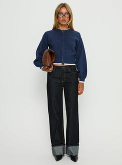 front view of model wearing Princess Polly Amandi Zip Through Knit Jumper Navy / Cream Cropped Jumpers 