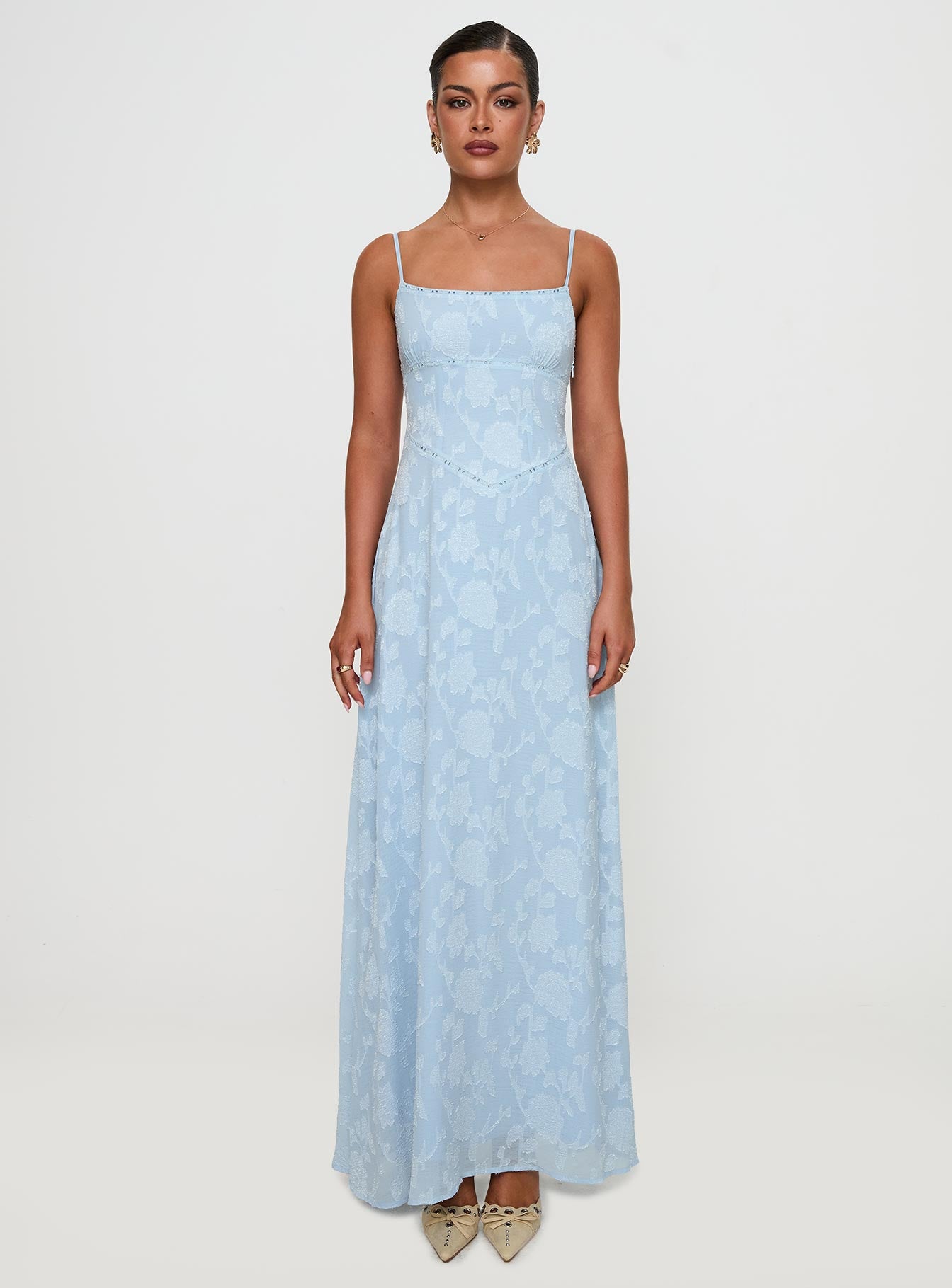 side view of model wearing Princess Polly South Of France Maxi Dress Blue Square Neck 