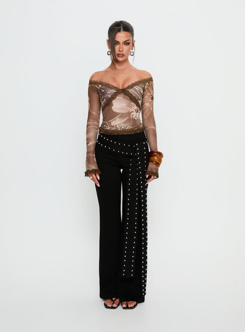 Katlyne Long Sleeve Lace Trim Top Brown Floral