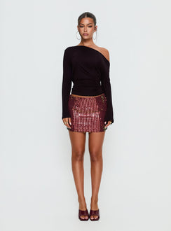   side view of model wearing Princess Polly Zelaia Shimmer Mini Skirt Wine Mini Skirts Skirts 
