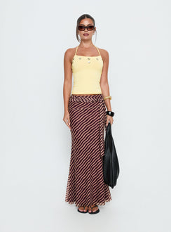   front view of model wearing Princess Polly Caviar Tie Maxi Skirt Brown Stripe Maxi Skirts 