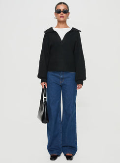 front view of model wearing Princess Polly Bella Notched Neck Sweater Black Cropped Jumpers Jumpers 