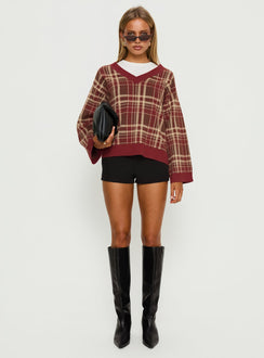 front view of model wearing Princess Polly Sydda V Neck Knit Sweater Red Plaid Cropped Jumpers 