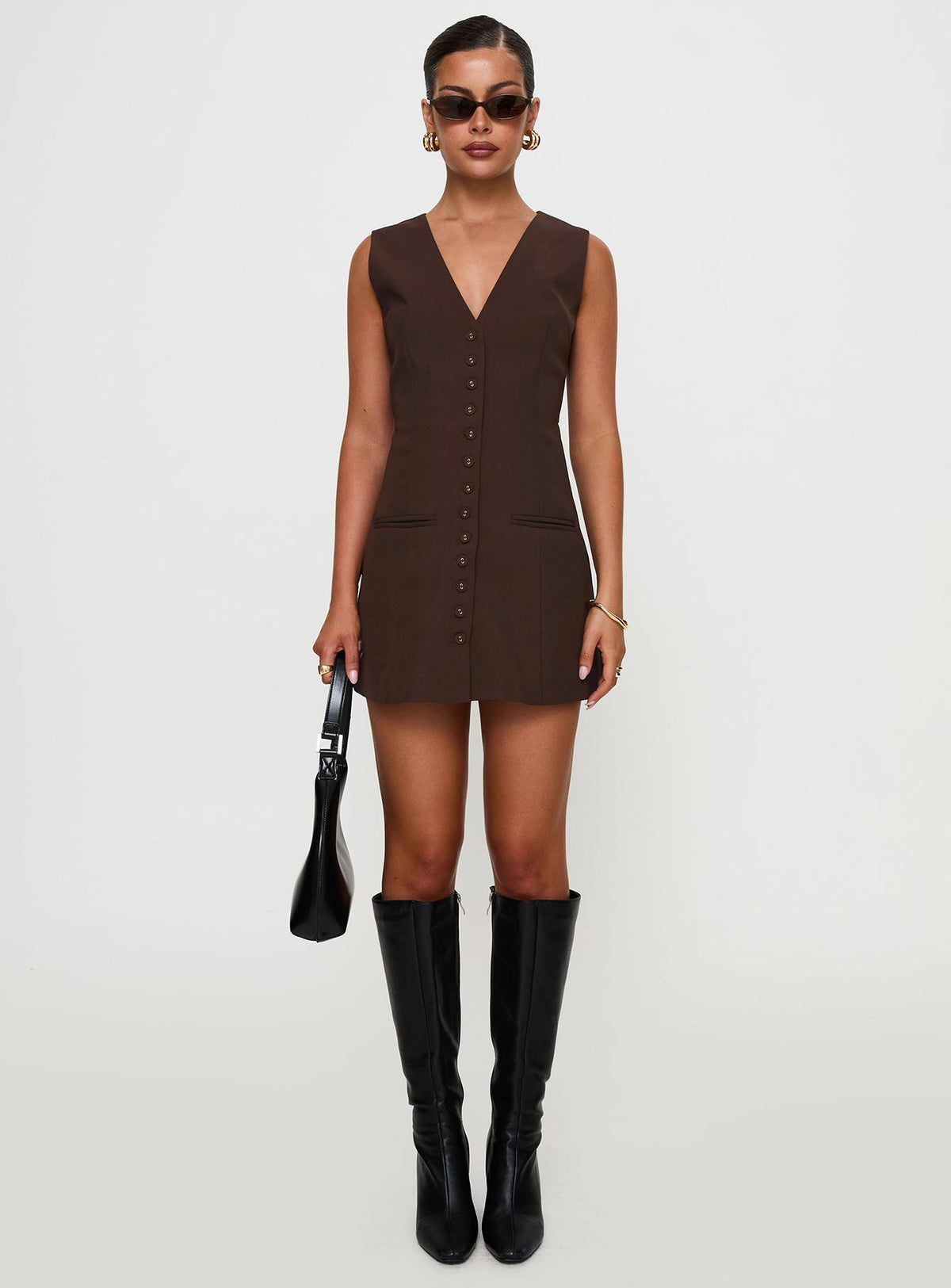 side view of model wearing Princess Polly Laire Mini Dress Chocolate V-Neck 