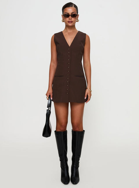 side view of model wearing Princess Polly Laire Mini Dress Chocolate V-Neck 
