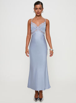front view of model wearing Princess Polly Treasure Bias Cut Maxi Dress Blue V-Neck 