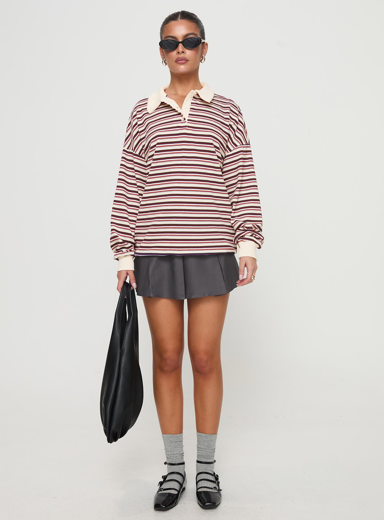 front view of model wearing Princess Polly Rierie Rugby Jersey Porcelain Multi Longline Jumpers 