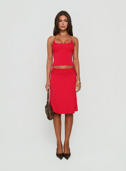 Zenaide Lace Detail Midi Skirt Red