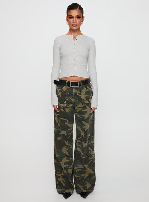 front view of model wearing Princess Polly Briony Mid Rise Wide Leg Jeans Camouflage Low Rise Jeans Jeans 