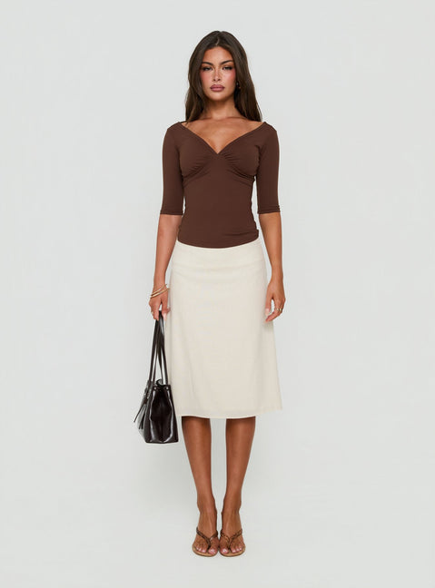 Daily Define Off Shoulder V Neck Top Brown