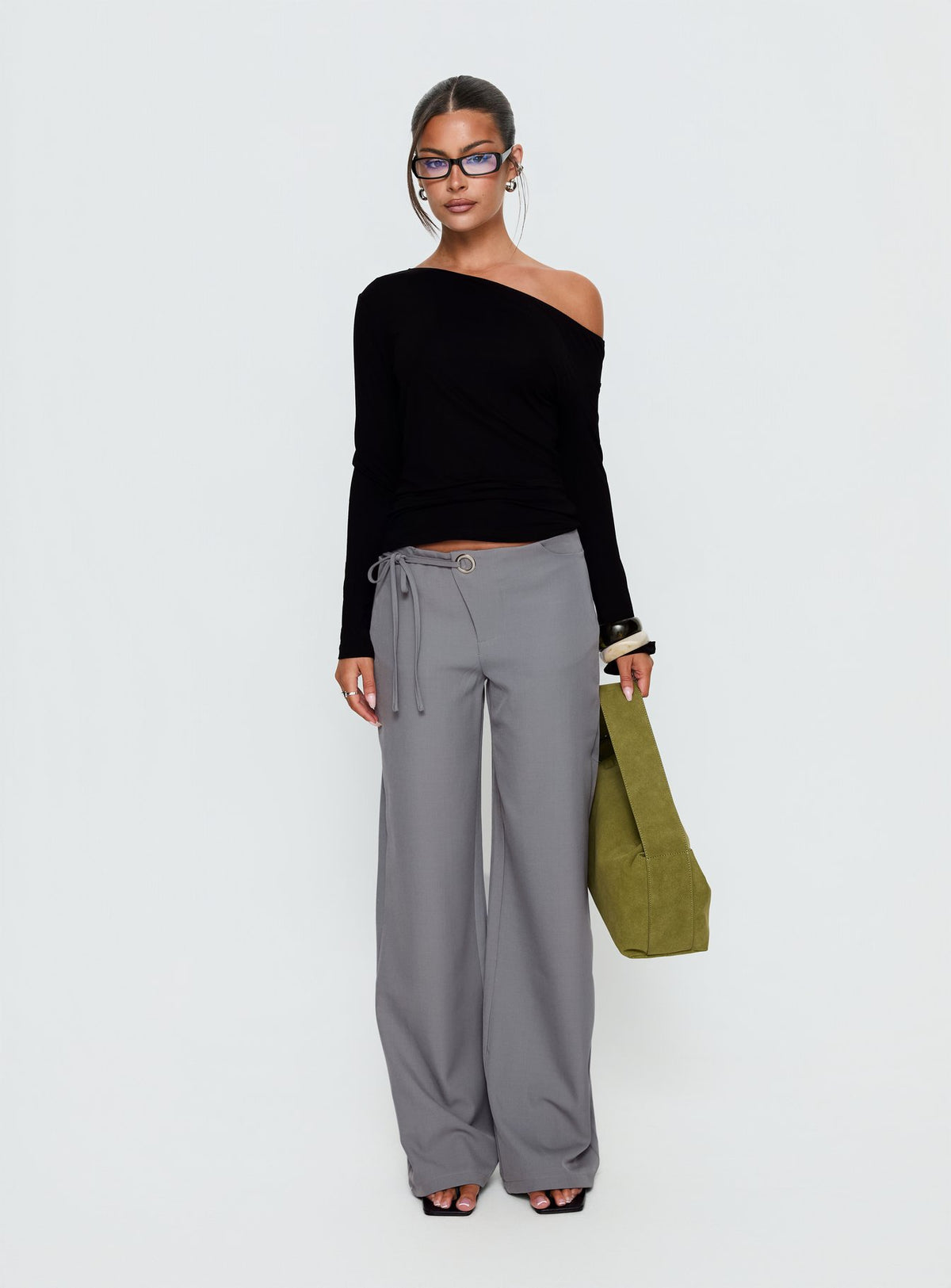 front view of model wearing Princess Polly Ikana Tie Side Pants Grey Mid Rise Pants 