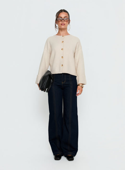 back view of model wearing Princess Polly Shinead Cuffed Knit Cardigan White Cropped Jumpers 