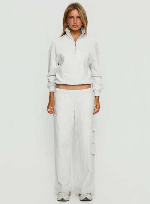 front view of model wearing Princess Polly Rozanna Cargo Sweat Pants Grey Marle Mid Rise Pants 