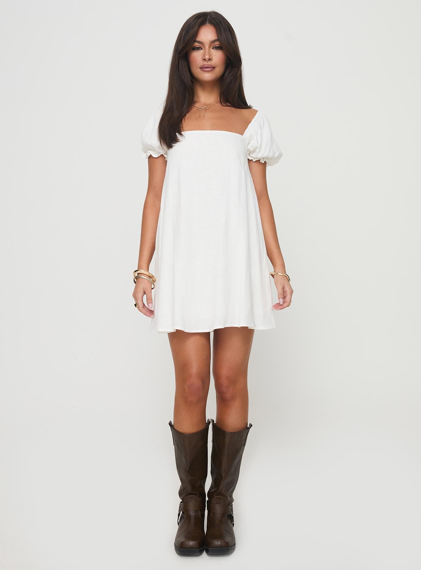 front view of model wearing Princess Polly Beyond Linen Blend Mini Dress White Square Neck 
