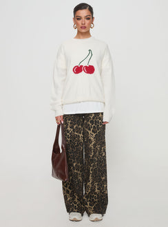 Introducing the Cherry Dreams Knit Jumper Cream womens jumpers with long length front view of model wearing Princess Polly