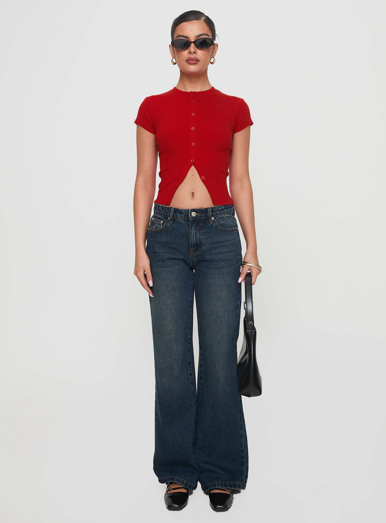 front view of model wearing Princess Polly Suzu Top Red Short Sleeves High Neck 