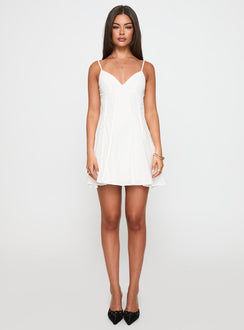 back view of model wearing Princess Polly Libertie Pleat Mini Dress White V-Neck 