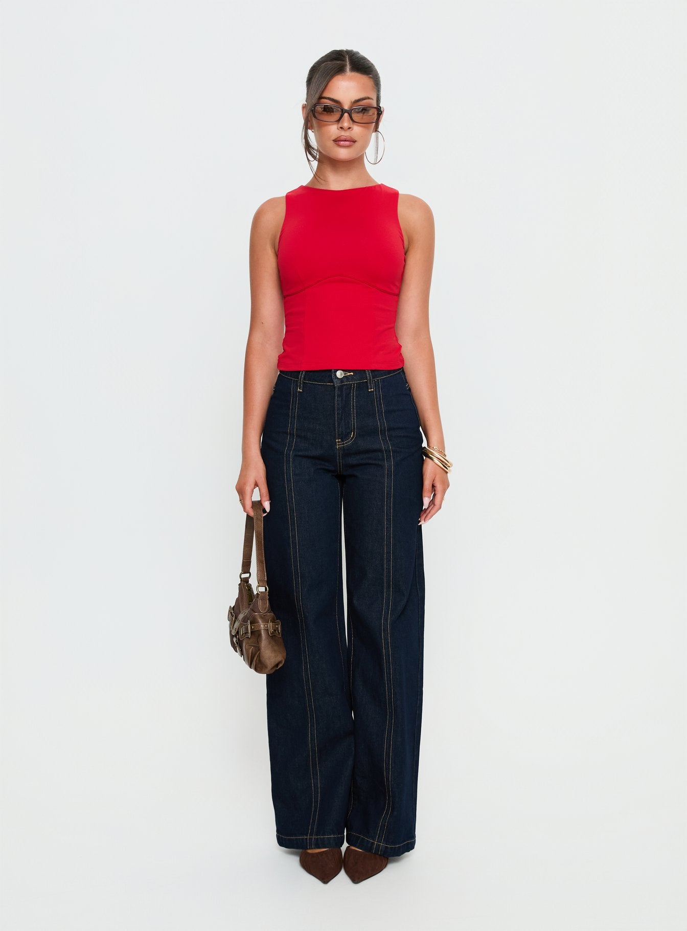 front view of model wearing Princess Polly Cadance High Rise Straight Leg Jeans Indigo High Rise Jeans 