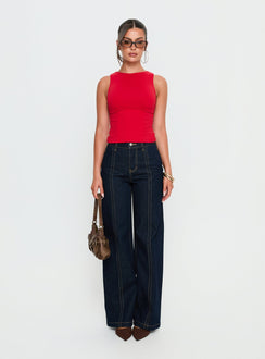front view of model wearing Princess Polly Cadance High Rise Straight Leg Jeans Indigo High Rise Jeans 