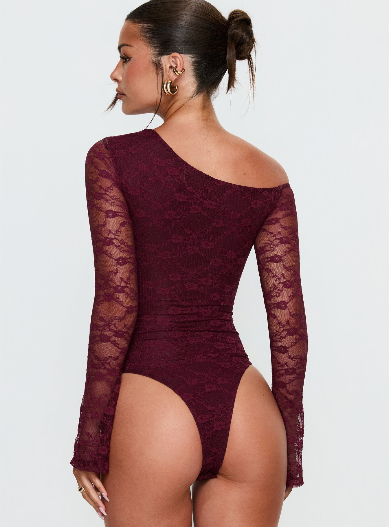 back view of model wearing Princess Polly Macaria Long Sleeve Lace Bodysuit Red Long Sleeve Tops 