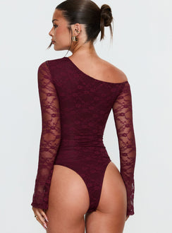 back view of model wearing Princess Polly Macaria Long Sleeve Lace Bodysuit Red Long Sleeve Tops 