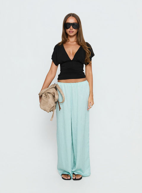 back view of model wearing Princess Polly Salona Satin Straight Leg Pants Jelly Mint Mid Rise Pants 