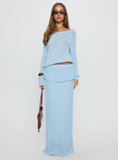 side view of model wearing Princess Polly Ravira Wide Neck Knit Sweater Blue cropped 